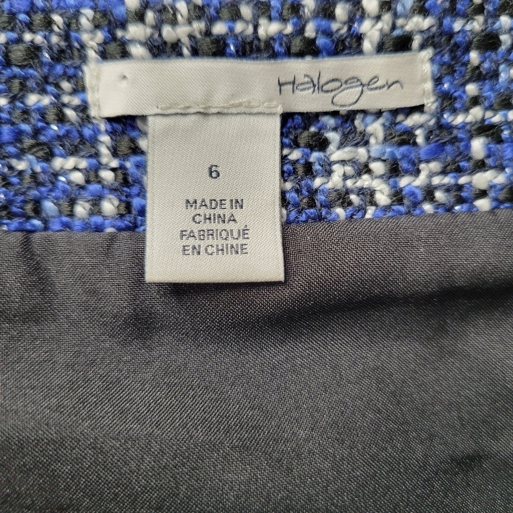 Halogen Tweed A Line Skirt Size 6 Blue Navy White Fringe Trim Side Zip Lined - Picture 5 of 9